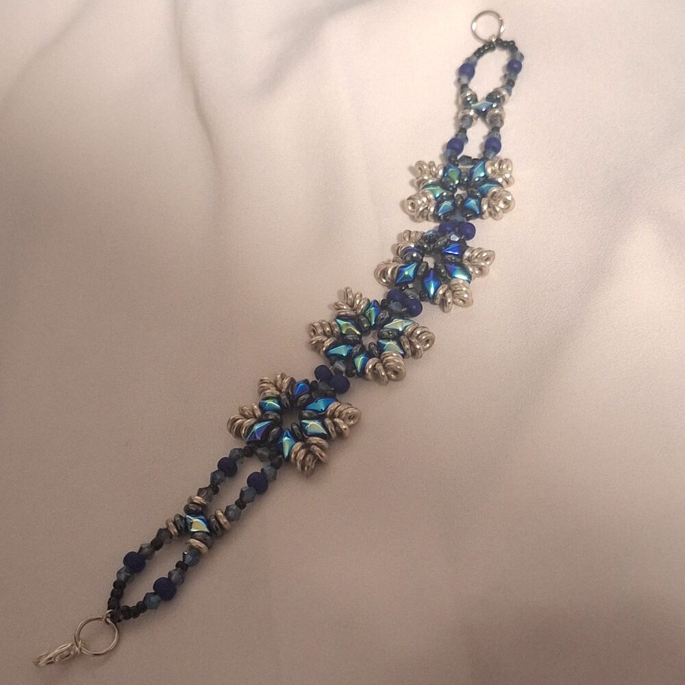 Artisan Beaded Metallic Blue Silver Snowflake Large Creative Bracelet